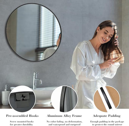 Sweetcrispy 30 Inch Round Wall Mirror with Tempered Glass, Bathroom Mirror Over Sink, Anti-Fog & Waterproof Round Mirror for Bathroom, Entryway, Bedroom, Shatterproof Design, Black