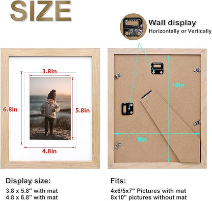 KINLINK 8x10 Picture Frame Natural, Solid Wood Frames with Acrylic Plexiglass for Pictures 4x6/5x7 with Mat or 8x10 without Mat, Tabletop and Wall Display Photo Frame, Set of 4