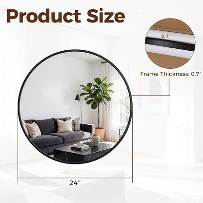 NEWBULIG 24 Inch Round Wall Mirror, Bathroom Mirror for Over Sink, Matte Metal Framed Circle Vanity Mirror, Wall Decor for Bedroom, Anti-Rust, Tempered Glass, Hanging or Leaning, Classic Black