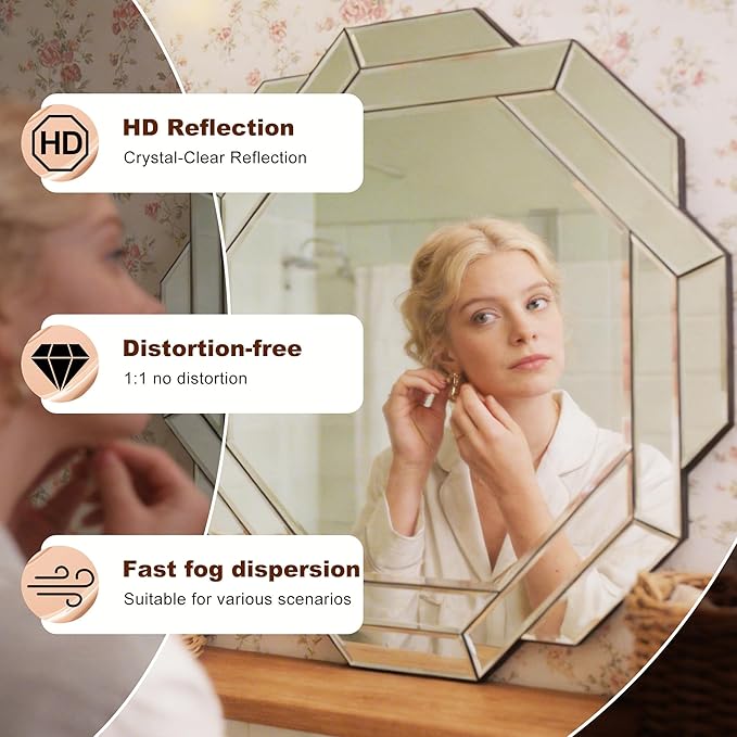 Modern Luxury Decorative Mirror with Beveled Edge,23.6" Octagon Wall Mirror, HD 1:1 Real Reflection, Shatterproof & Velvet Backed, Decor Mirror for Bathroom Living Room Entryway Bedroom ﻿