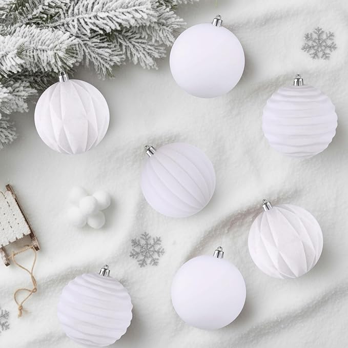 Liliful 12 Pcs Velvet Christmas Ornaments Balls, 4 Inch Flocked Plastic Christmas Tree Ball Shatterproof Hanging Ornaments Decorations for Xmas Tree Vintage Holiday Rustic Home Decor(White)