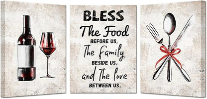 KREATIVE ARTS 3 Pieces Kitchen Canvas Wall Art Bless the Food Wooden Framed Canvas Quotes Pictures Vintage Knives and Forks Red Wine Glasses Giclee Prints for Dining Room