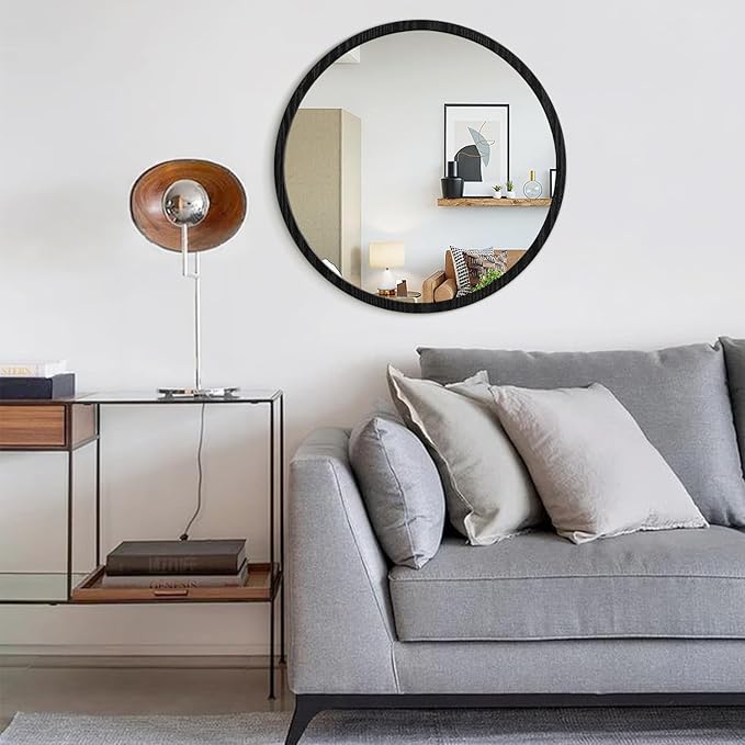 JJUUYOU Large Circle Wall Mirror 24 Inch for Home Decor Round Mirror for Bathroom Black Wall Mounted Wood Frame Mirrors for Living Room Bedroom Washroom Dorm