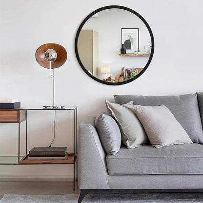 JJUUYOU Large Circle Wall Mirror 24 Inch for Home Decor Round Mirror for Bathroom Black Wall Mounted Wood Frame Mirrors for Living Room Bedroom Washroom Dorm