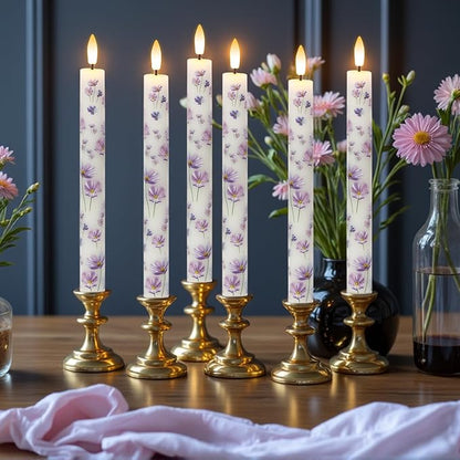Flickering Flameless Taper Candles with Remote and Timer, 4 Pack Real Wax Battery Operated LED Taper Candles 3D Wick Purple Flower Decal Dinner Wedding Spring Home Decor(0.75" D x 9.65" H)
