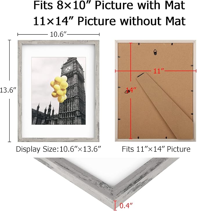Picture Frames 11x14 Set of 6, Distressed Grey Photo Frame, Display Pictures 8x10 with Mat or 11x14 Without Mat, Washed Farmhouse Frame