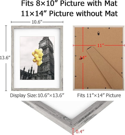 Picture Frames 11x14 Set of 6, Distressed Grey Photo Frame, Display Pictures 8x10 with Mat or 11x14 Without Mat, Washed Farmhouse Frame