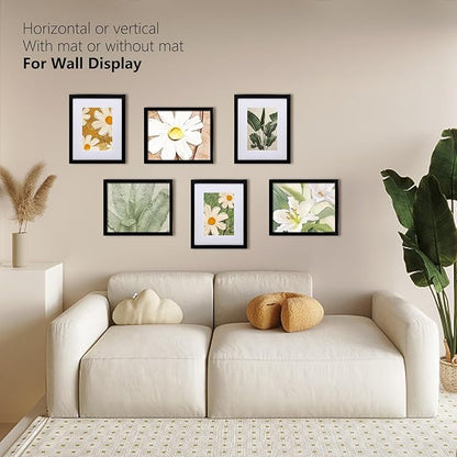 KINLINK 8x10 Picture Frame Black Set of 6, Wooden Photo Frames Matted 5x7 with Plexiglass for 5x7 with Mat or 8x10 without Mat for Table and Wall Display