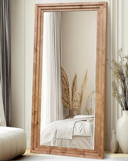 Full Length Mirror 76"x34" Solid Wood Frame Floor Large Mirror for Living Room, Bedroom Hanging or Leaning Wall-Mounted, Light Brown