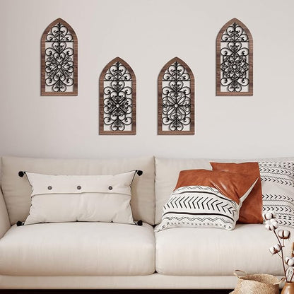 4 Pieces Thicken Rustic Wood Wall Decor Arch Modern Farmhouse Wall Art Decor Wooden Hollow Carved Design Rustic Home Art for Living Room Bedroom Office Kitchen (Classic Style)