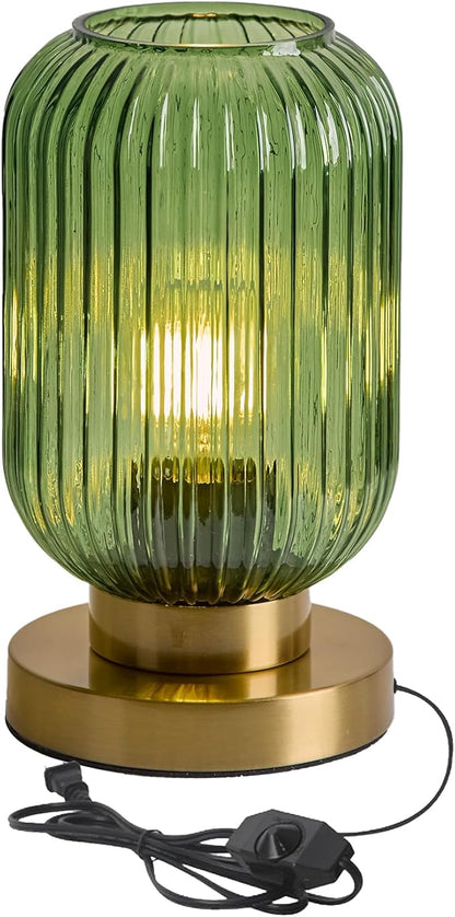 Bedside Table Lamp with Green Glass Shade, Small Nightlight Lamp Elegant Glass Nightstand Lamps Modern Desk Light with Plug-in Style for Bedroom Living Room Tabletop Dia5.9 x H9.8