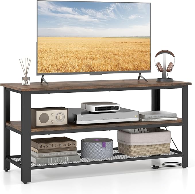 Giantex TV Stand for TV up to 50 Inches, 43.5" Wood Industrial TV Cabinet with 3-Tier Storage Shelves, Adjustable Feet, Entertainment Center TV Console Table for Living Room, Bedroom, Rustic Brown