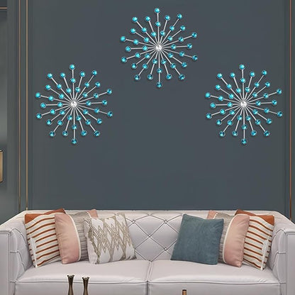 DXYAKY Set of 3 Blue Metal Starburst Wall Art Decor, Rhinestone Crystal Home Decor Accents, 9.8 Inch Decorative Wall Hanging Diamond, Jeweled Sparkle Wall Sculptures for Living Room Bedroom