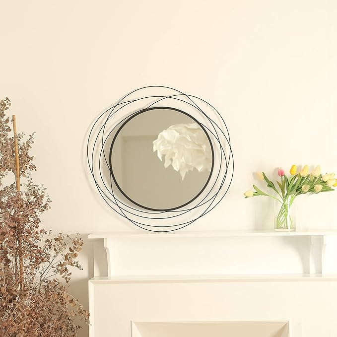 ironsmithn Round Wall Mirror, Black Metal Frame Mirror with Orbital Design, Rounded Hanging Mirrors Decorative, Circle Mirrors for Bathroom Vanity Living Room Bedroom, 26.8" x26.8"