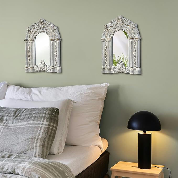 2 Set Wood Carved Window Mirrors 3D Relief Arched Wall Decor Roman Column Antique Home Accent Small Decorative Mirrors for Living Room, Bathroom, Entryway