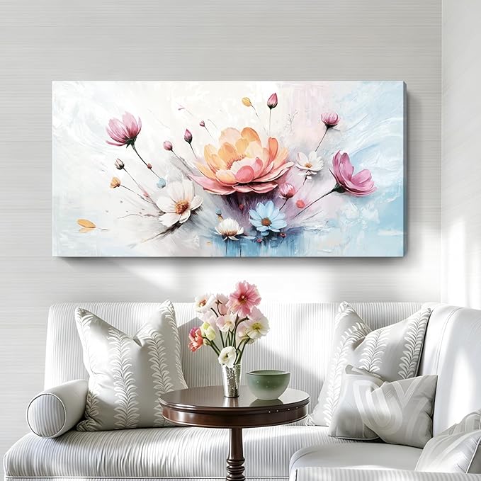 amatop Large Floral Wall Art — Orange, Blue, And Pink Flowers, Colorful Botanical Canvas Print, Modern Abstract Wall Decor For Living Room, Bedroom, Bathroom, Dining Room, And Kitchen. 48X24 Inches.