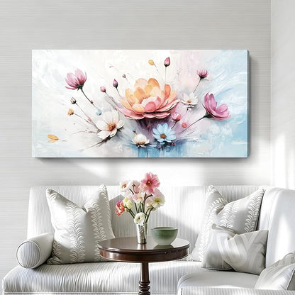 amatop Large Floral Wall Art — Orange, Blue, And Pink Flowers, Colorful Botanical Canvas Print, Modern Abstract Wall Decor For Living Room, Bedroom, Bathroom, Dining Room, And Kitchen. 48X24 Inches.