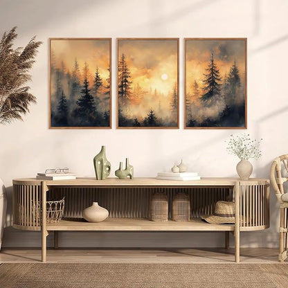 HLNIUC Nature Forest Sunset Framed Canvas Wall Art,Large Landscape Misty Forest Wall Decor,Orange Mountain Foggy Pine Artwork Set of 3 (24x36),Watercolor Sunrise Prints for Living Room,Bedroom,Office