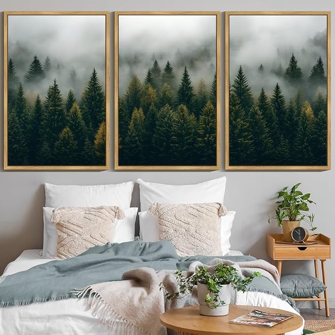 Drsoum Fog Pine Tree Landscape Wall Art Framed Nature Misty Nordic Forests Prints Morden Farmhouse Rustic Artwork Hallway Bathroom Ready to Hang 24x36in Natural Framed