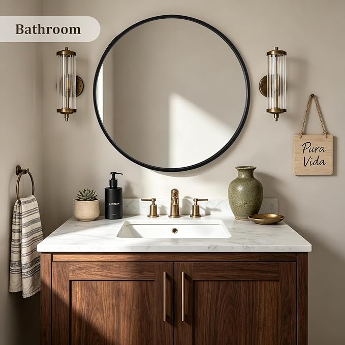 HOMECOOKIN Round Wood Mirror 28 inch Circle Mirror, Rustic Farmhouse Wooden Framed Decorative Wall Decor, Vanity Wall Mirror for Bathroom, Bedroom, Entryway, Living Room (Black)