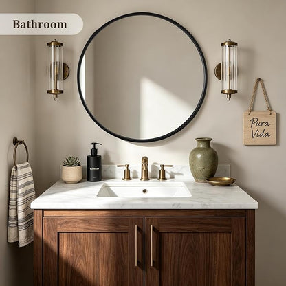 HOMECOOKIN Round Wood Mirror 28 inch Circle Mirror, Rustic Farmhouse Wooden Framed Decorative Wall Decor, Vanity Wall Mirror for Bathroom, Bedroom, Entryway, Living Room (Black)