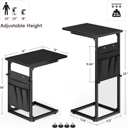 Vagusicc C-Shaped End Table, Small Side Table for Couch, Sofa Table Adjustable Height End Tables Living Room, Bedside Slide Under Couch Table for Sofa, TV Tray Table with Metal Frame for Bedroom,Black