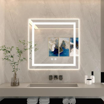 36 X 36 Inch Square LED Bathroom Vanity Mirror, 3 Colors Light Dimmable, Wall Mounted Memory Lighted Makeup Mirror with Anti-Fog Touch Switch (Front-lit&Backlit)