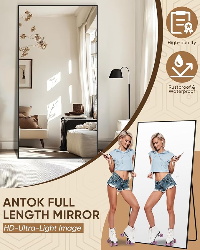 Antok Full Length Mirror, 78"x38" Floor Mirror, Floor Standing Freestanding Full Body Mirror with Stand for Bedroom, Hanging Mounted for Living Room Cloakroom, Black