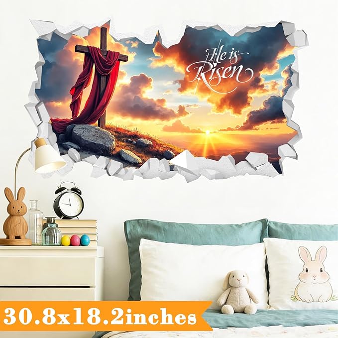 Easter Wall Decoration Stickers He is Risen Wall Art Vinyl Decals Peel and Stick 3D Broken Cross Landscape Stickers Religious Christian Art Murals for Spring Holiday Living Room Kitchen Supplies