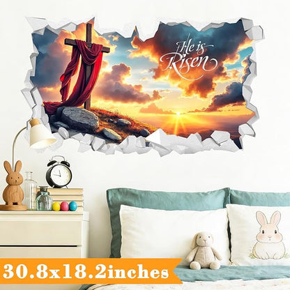 Easter Wall Decoration Stickers He is Risen Wall Art Vinyl Decals Peel and Stick 3D Broken Cross Landscape Stickers Religious Christian Art Murals for Spring Holiday Living Room Kitchen Supplies