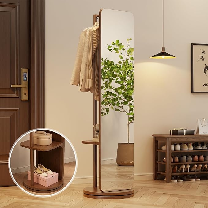 WoodsWhisper Full Length Mirror Coat Rack Solid Wood Floor Mirror 66"x12" Full Length Mirror with Stand Long Mirrors for Bedroom,Living Room (Deep Walnut, 70" L x 16" W)