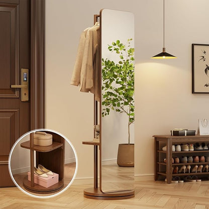 WoodsWhisper Full Length Mirror Coat Rack Solid Wood Floor Mirror 66"x12" Full Length Mirror with Stand Long Mirrors for Bedroom,Living Room (Deep Walnut, 70" L x 16" W)