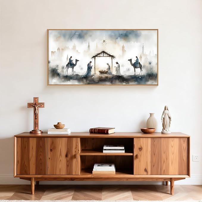 Large Catholic Jesus Nativity Scene Framed Canvas Wall Art Set,Watercolor Holy Birth of Jesus Wall Decor,Trendy Christian Religious Artwork for Living Room,Bedroom,Church-20 x40