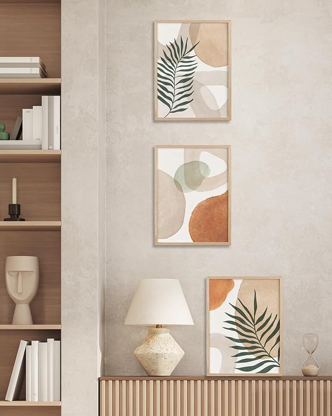 HesenDot Unframed Neutral Boho Wall Art Set of 3, 12x16in Botanical Leaves Abstract Geometric Canvas Posters, Minimalist Modern Aesthetic Wall Decor for Bedroom Living Room Home