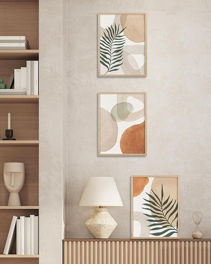 HesenDot Unframed Neutral Boho Wall Art Set of 3, 12x16in Botanical Leaves Abstract Geometric Canvas Posters, Minimalist Modern Aesthetic Wall Decor for Bedroom Living Room Home