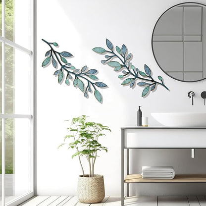2 Pcs Colorful Tree Leaf Wall Art Decor Vine Home Wall Decoration Olive Branch Leaf Wall Decor Large Wall Decor for Bedroom, Living Room, Wall Sculptures Indoor Outdoor (Blue Green)