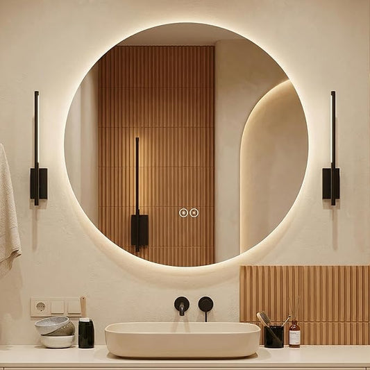 Round LED Bathroom Mirror with Light, Backlit Mirror for Bathroom, Frameless LED Smart Vanity Mirror with 3 Color Lights, Anti-Fog, Smart Touch Button, Shatter-Proof, IP65, 90+ CRI (32" L x 32" W)