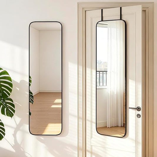 NARCISSUS 47x14 Mirror Door Hanging Full Length,Over Door or Wall Mounted Aluminum Alloy Frame Tempered Glass Rectangle Full Body Mirrors for Bedroom Dressing Living Room Bathroom 47 inch Black