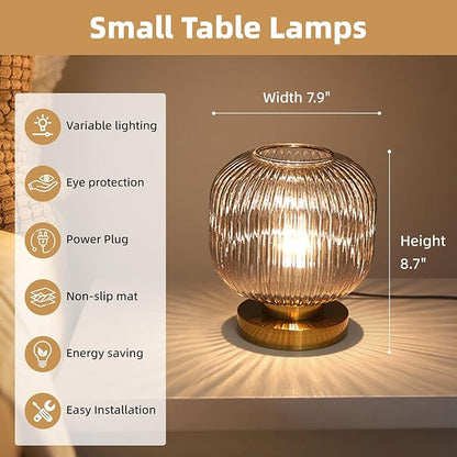 Bedside Table Lamp with Glass Shade, Small Nightlight Lamp Elegant Nightstand Lamp Modern Desk Lamp with Plug-in Style for Bedroom Living Room Tabletop,Smoky Gray, Dia7.9 x H8.7