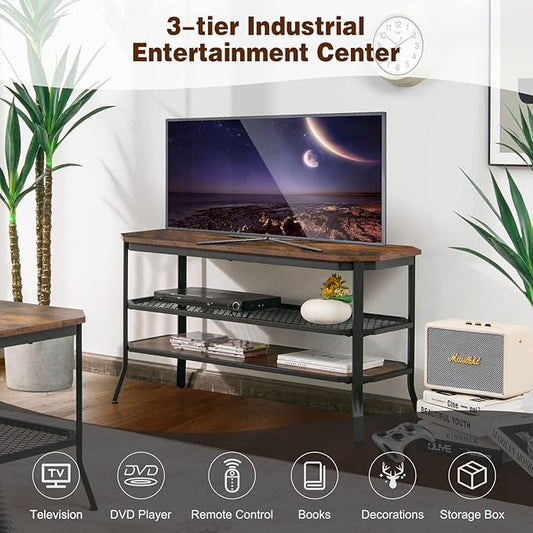 GOFLAME Industrial TV Stand for TVs up to 46", 3-Tier Wood TV Cabinet with Steel Frame, Rustic Entryway Console Table, Media Entertainment Center for Living Room, Bedroom, Rustic Brown & Black