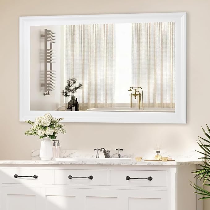CULER White Wood Wall Mirror for Bathroom,Rectangle Rustic Large 30 x 48 inch Hanging Vanity Mirrors with Wooden Frame for Living Room,Bedroom,Entryway
