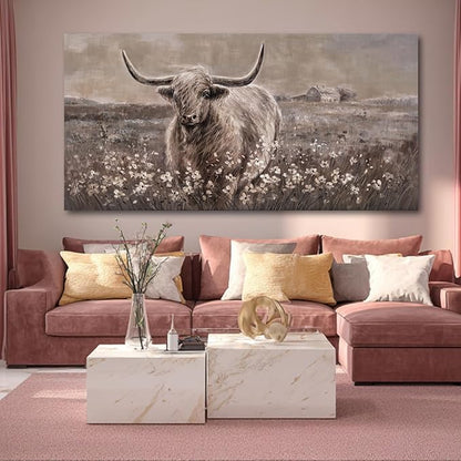 Neutral Beige and Brown Highland Cow Canvas Wall Art - 29x58 Inch Large Framed Painting for Modern Living Room, Rustic Bedroom, Farmhouse Office, Vintage Home Decor