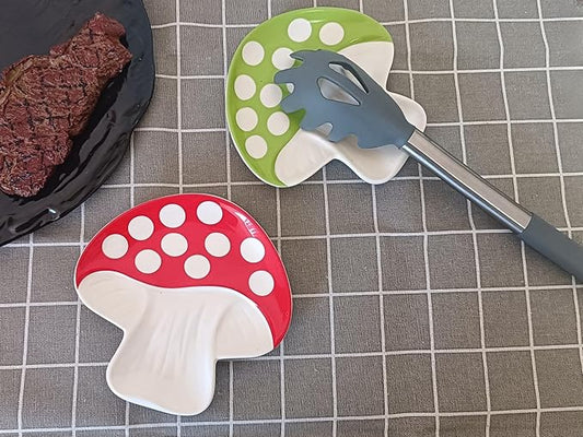 Ceramic Spoon Rest for Stove Top & Kitchen Counter Spoon Holder for Stove & Cooking Spoon Holder for Ladle Cute Spoon & Utensil Rest Tong Spatula Rest, Mushroom Kitchen Decor & Accessories (Red)