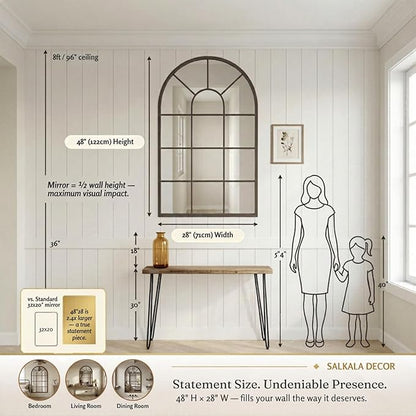 Brown Framed 48x28Inch Arched Window Pane Mirror| Arched Mirrors for Wall & Floor | Arch Mirror Full Length for Entryway Living Room & Bedroom | Oversized Mirrors | Wall Art Decorative |Farmhouse