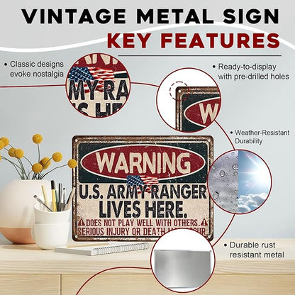 Warning US Army Ranger Vintage Tin Sign Great Patriotic Home Decor and Private Property Metal Sign for American Flag Home and Office Decor USA Army and Military 12x16inch