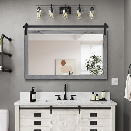 COGOOD Farmhouse Bathroom Mirror - 45 x 30 Rustic Wood Framed Wall Barn Door Mirror for Entryway, Living Room, Entryway Wall Decor (Grey)