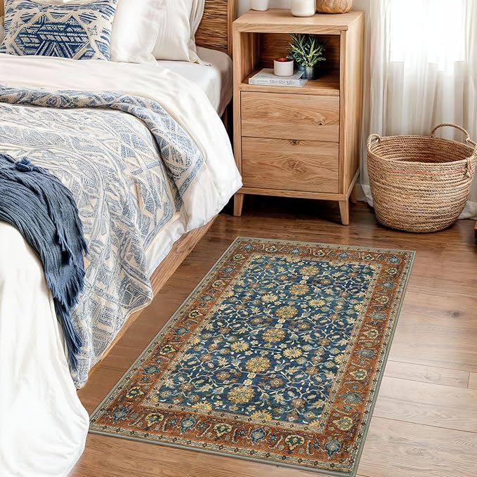 KUTA Vintage 2x3 Rugs for Entryway, Non-Slip Washable Kitchen Rugs & Indoor Door Mat with Floral Print, Blue Terracotta Ultra Thin Soft Low-Pile Throw Rug for Front Door, Bedside, Small Spaces