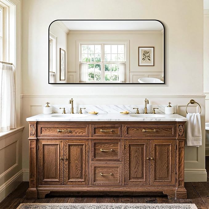 Bathroom Vanity Mirror for Wall, 55" x 30" Black Metal Framed Bathroom Mirror for Over Sink, Living Room, Bedroom, Entryway, Mantel, Fireplace Decor