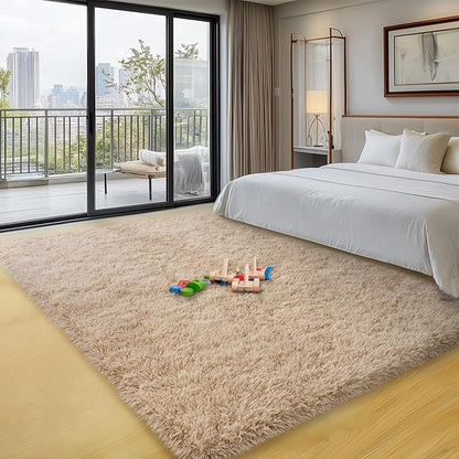 qulint 5x7 Area Rugs for Living Room, Fluffy Shaggy Rug for Bedroom Modern Plush Tan Rug, Soft Shag Fuzzy Carpets Solid Alfombra for Boys and Girls Dorm Room Home Decor (5ft x 7ft, Light Tan)