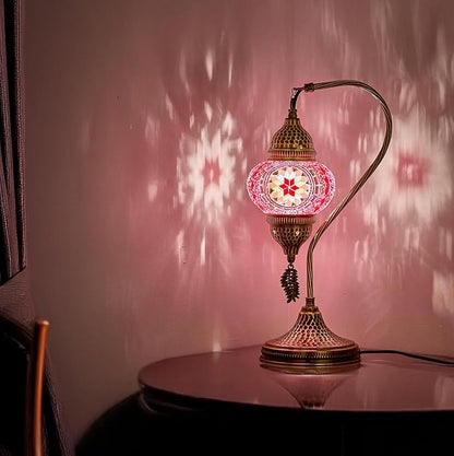 DEMMEX Turkish Moroccan Table Lamp, Swan Neck Tiffany Style Mosaic Glass Table Desk Bedside Lamp for Bedroom, Living Room – Handcrafted in Turkey, Pink